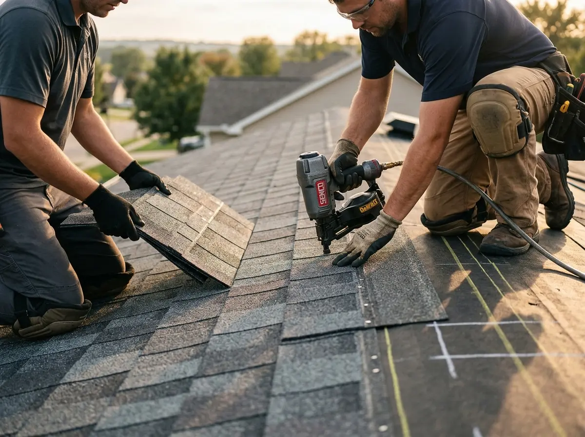 Professional roofer working on a residential roof in Vineyard
